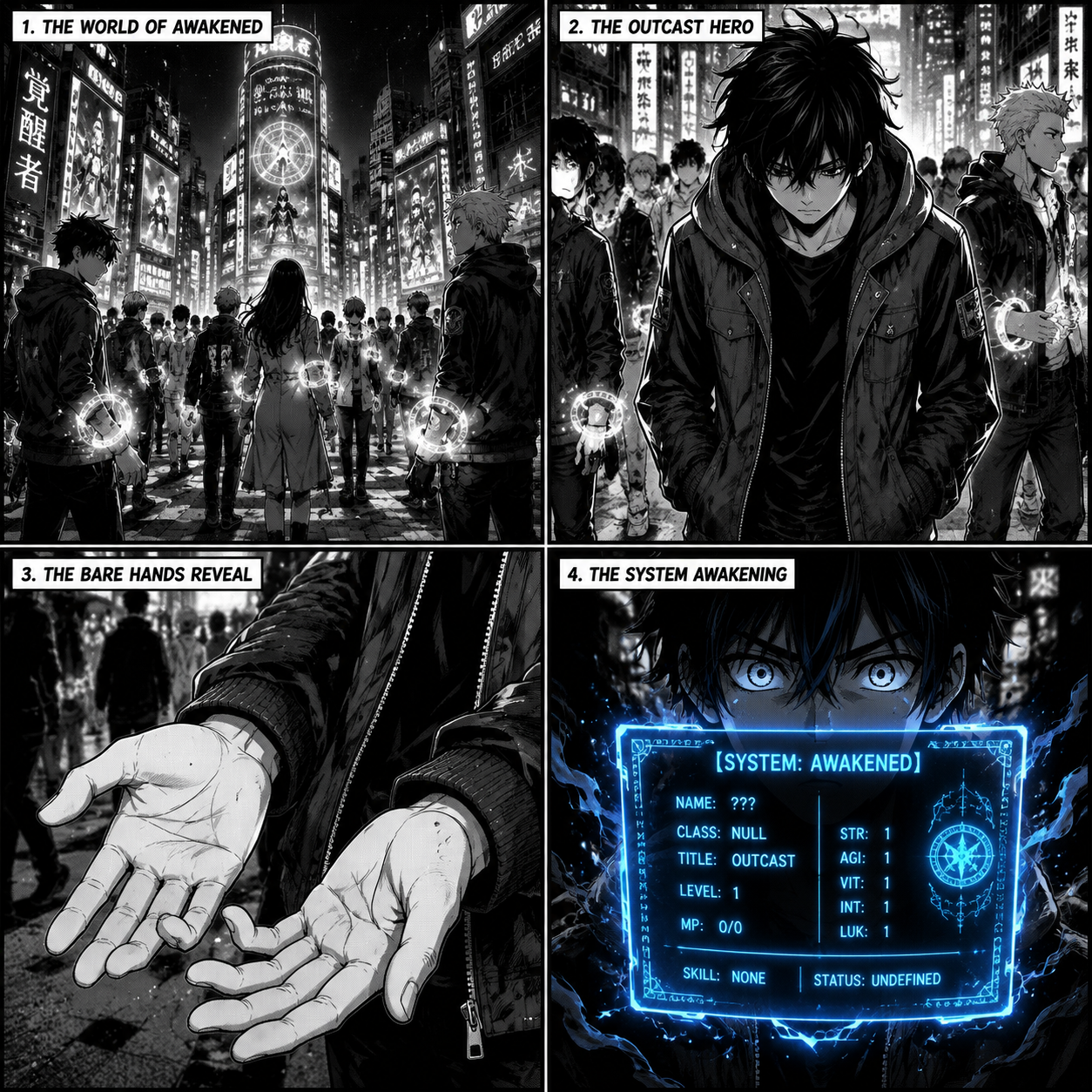 A cinematic, detailed black and white manga ink layout of a bustling futuristic