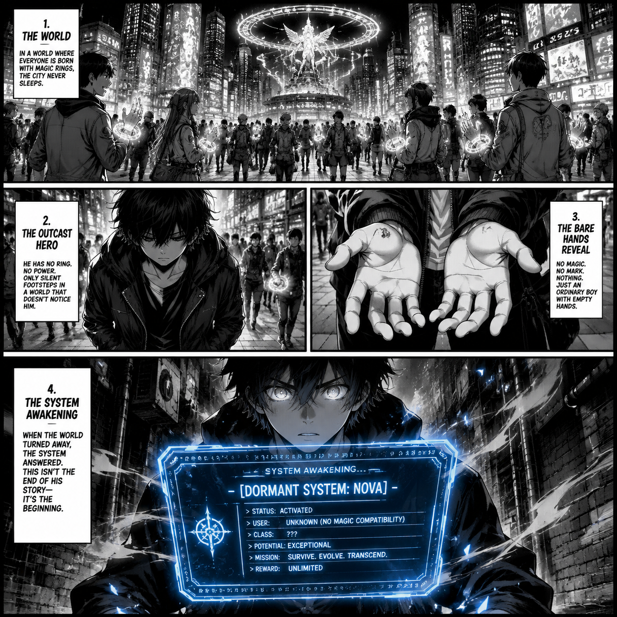 A cinematic, detailed black and white manga ink layout of a bustling futuristic