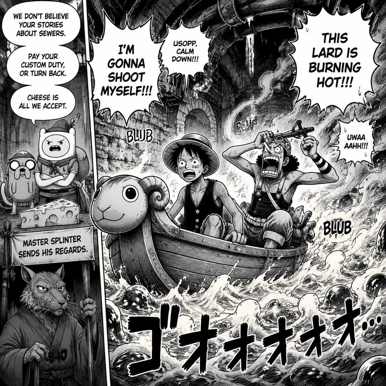 One piece luffy and usop is sailing through the sewer. Master splinters sends Fi