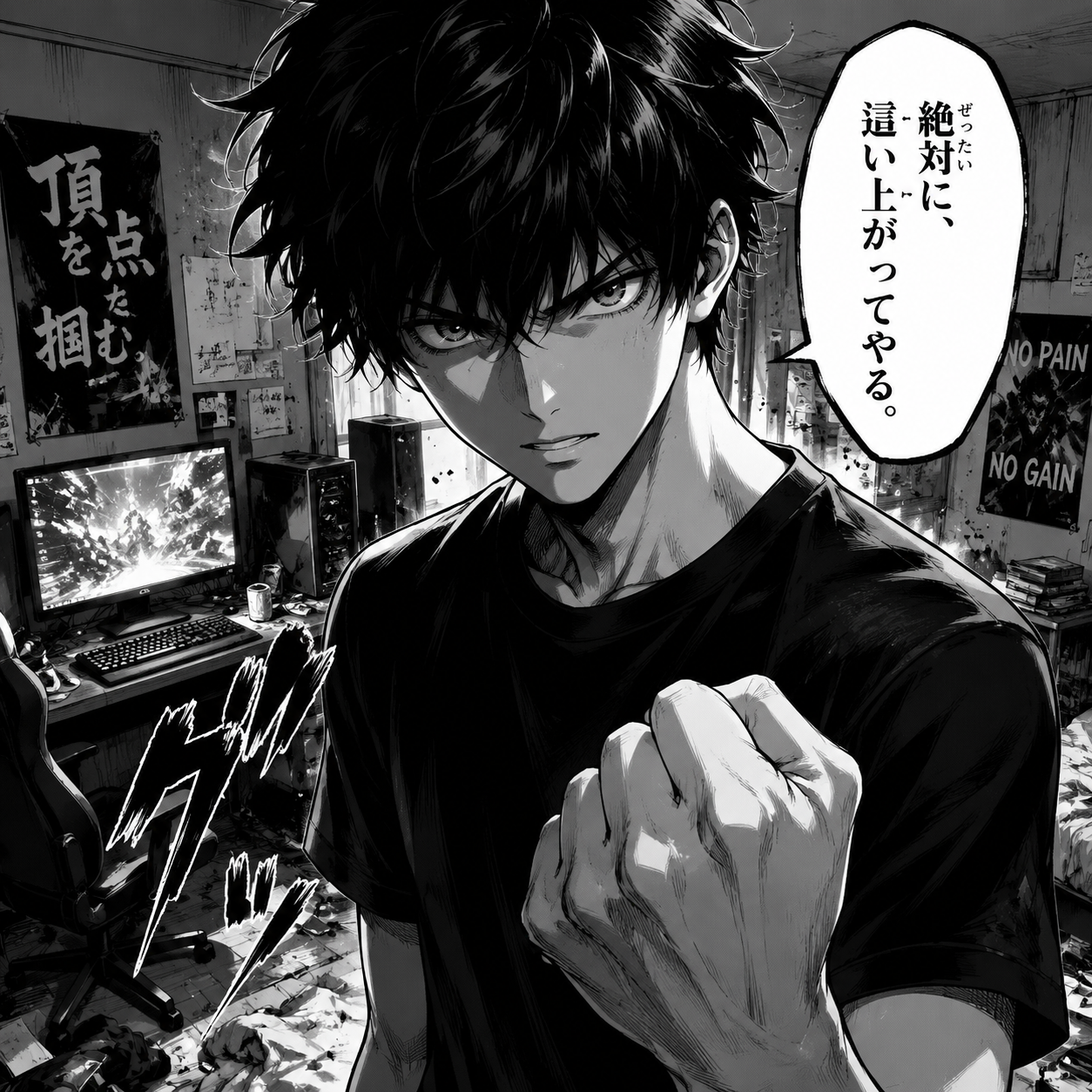 Mikitokashi is a 16-year-old Japanese boy with messy black hair, sharp jawline,