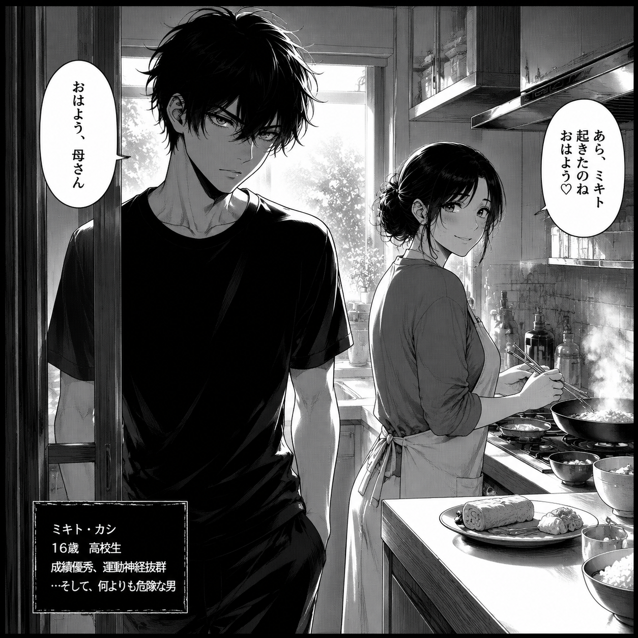 Mikitokashi is a 16-year-old Japanese boy with messy black hair, sharp jawline,
