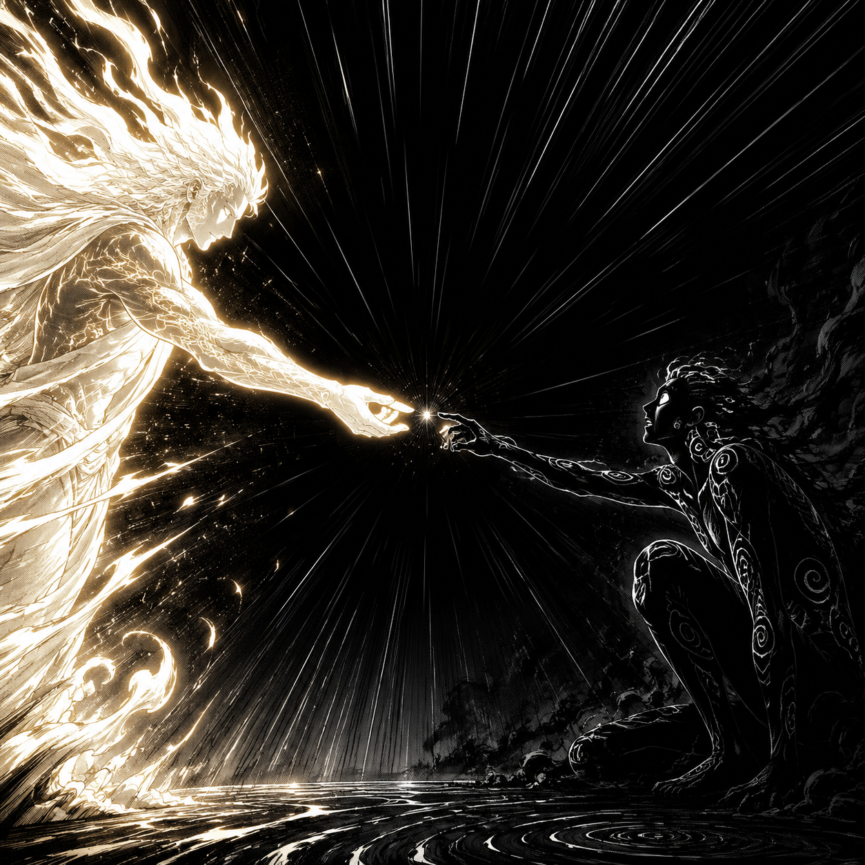 Before worlds, before time, two presences met inside the void.