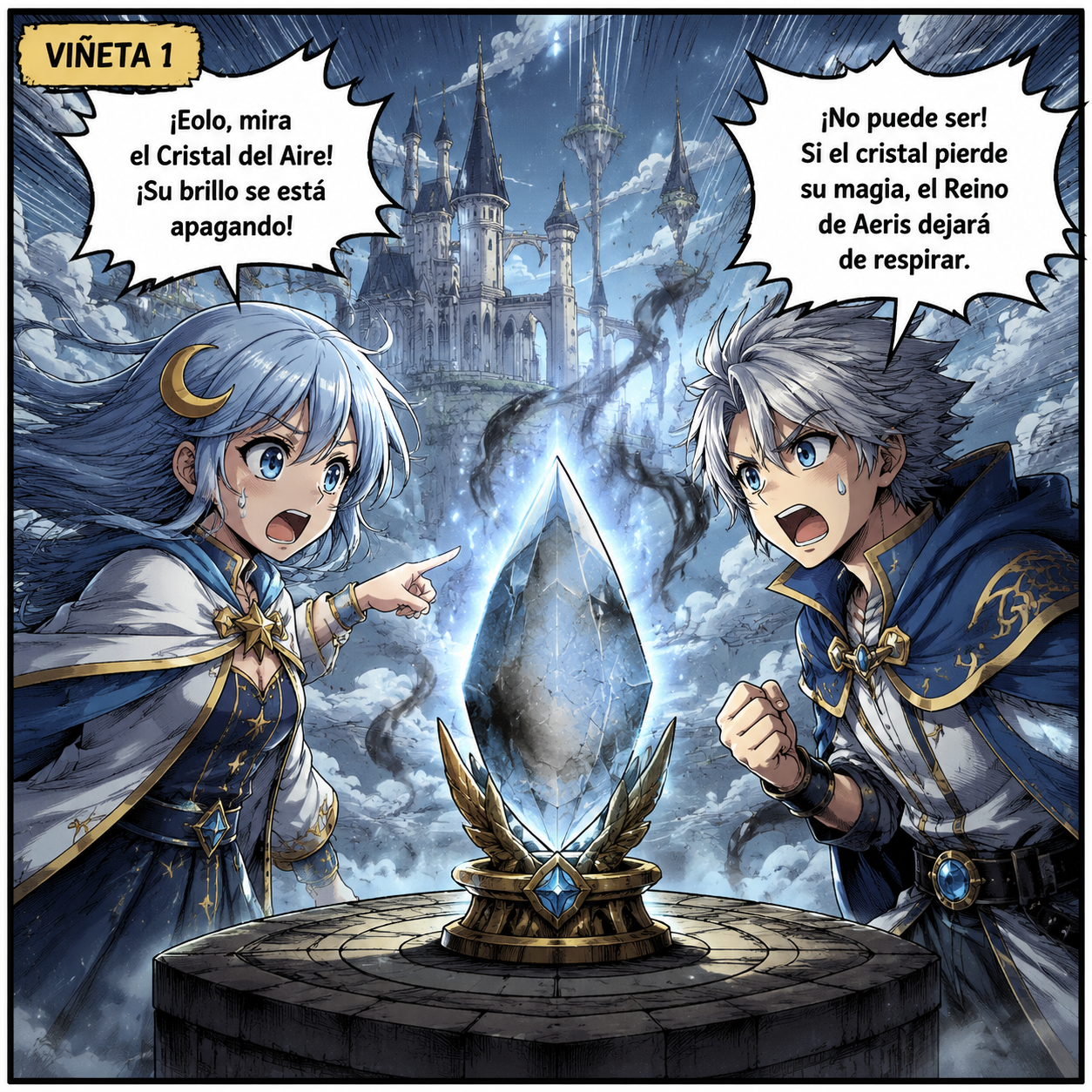 Viñeta 1
Luna: ¡Eolo, mira el Cristal del Aire! ¡Su brillo se está apagando! Eol