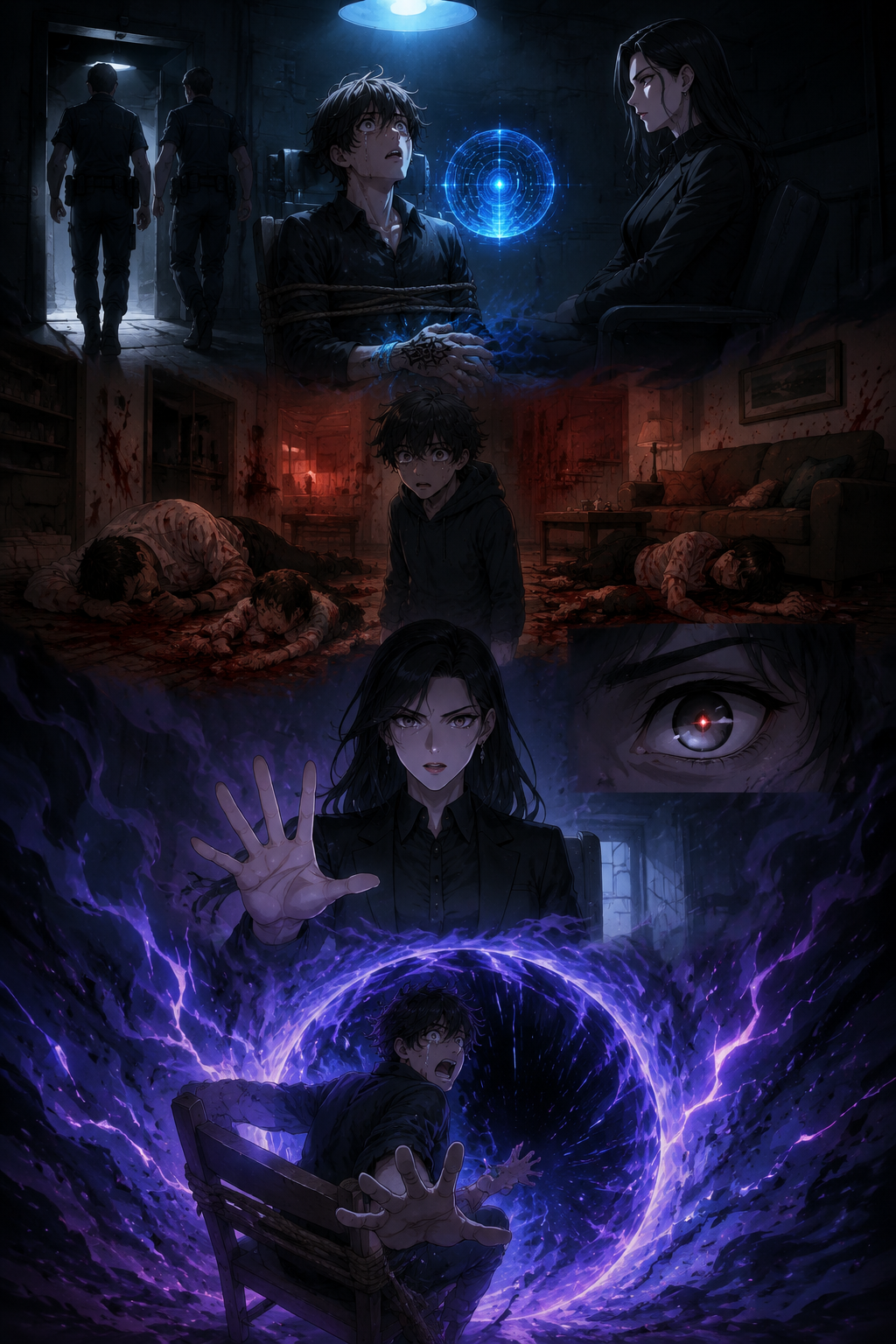 Chapter 1: Connection Established.
A cinematic Korean manhwa webtoon in dark po