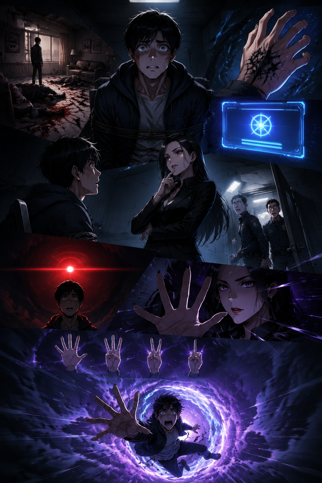 Chapter 1: Connection Established.
A cinematic Korean manhwa webtoon in dark po