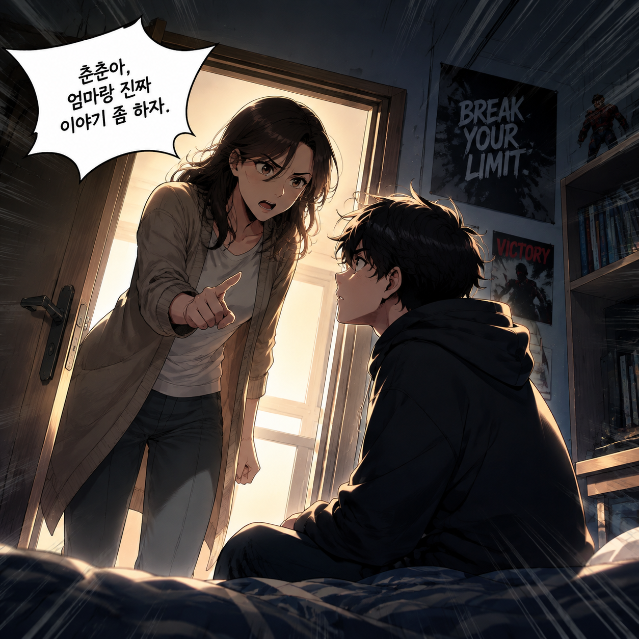 Chun Chun is the son. Mom went to Chun Chun's room to have a heart-to-heart talk