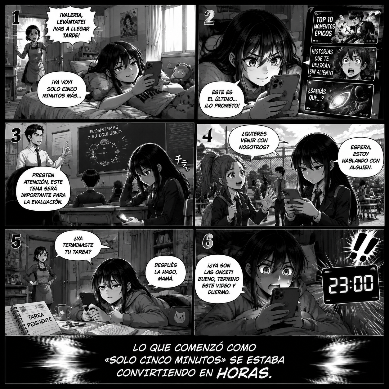 Un mundo detrás de la pantalla
HOJA 1 — “Solo un momento más”
Viñeta 1
Valeria e