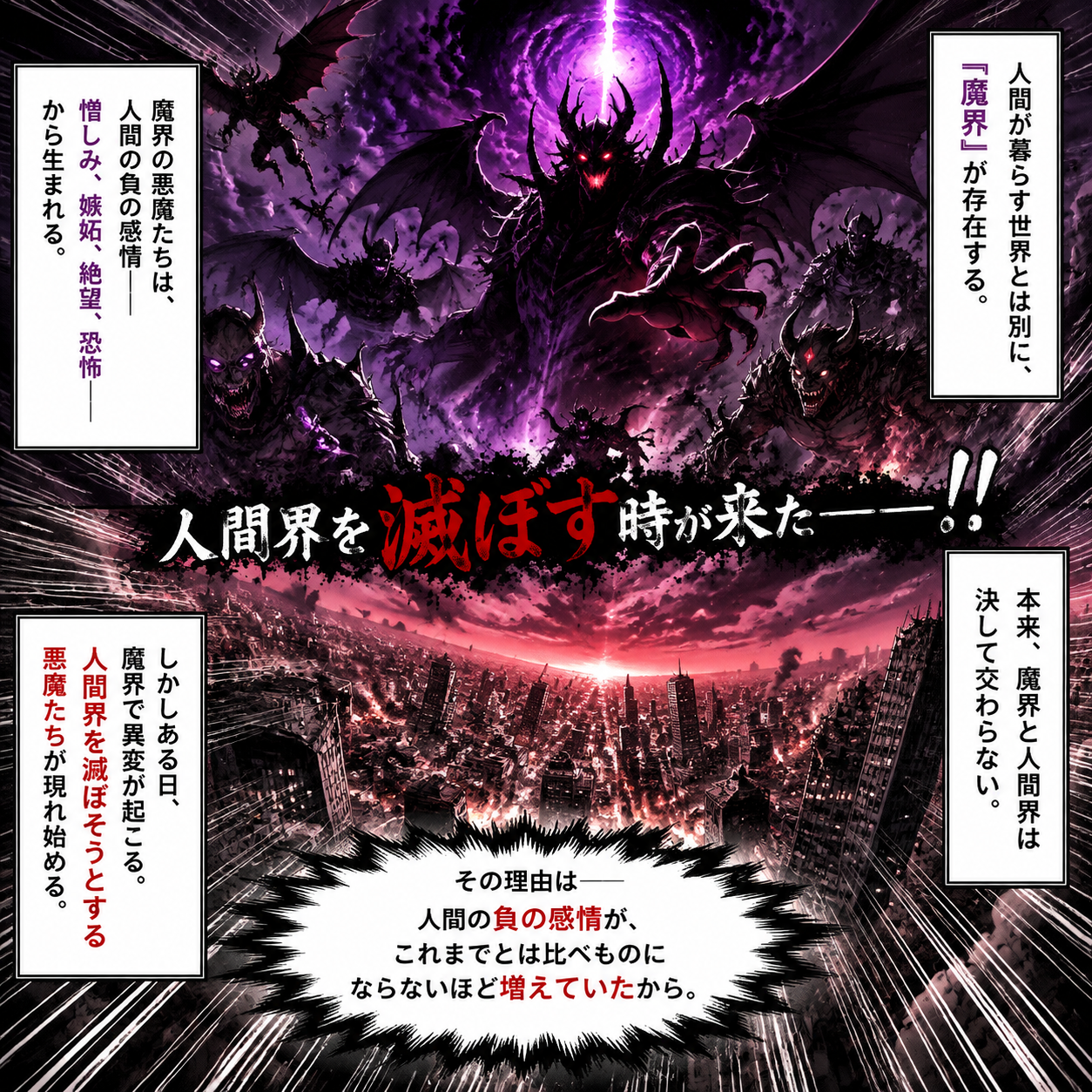 人間が暮らす世界とは別に、「魔界」が存在する。

魔界の悪魔たちは、人間の負の感情――憎しみ、嫉妬、絶望、恐怖――から生まれる。

本来、魔界と人間界は決して交