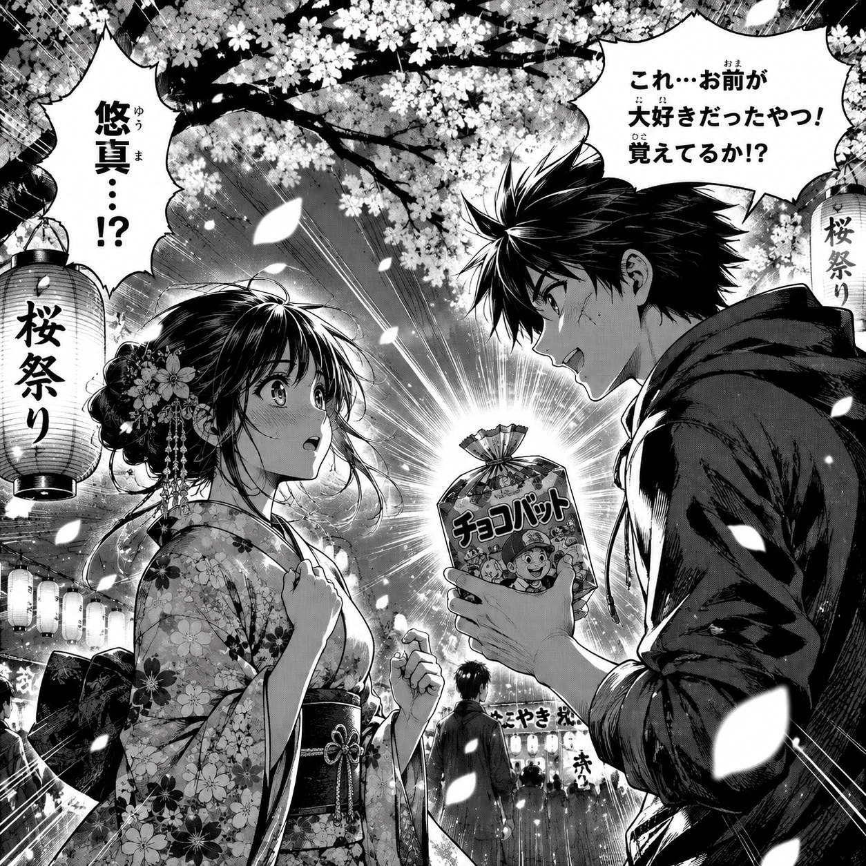 Two childhood friends reunite at a cherry blossom festival. She's wearing a beau