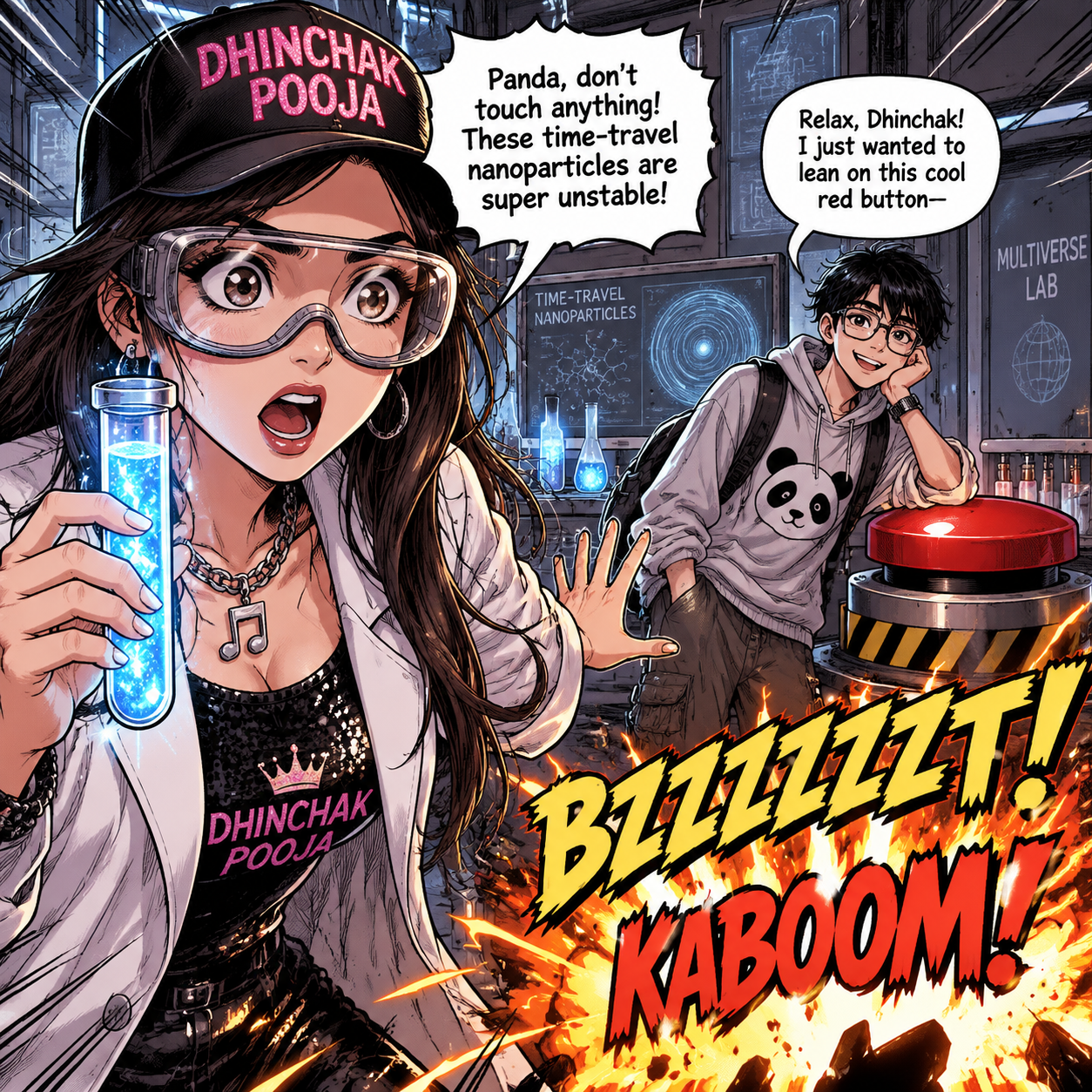 Panel 1
Visual: Close-up of Dhinchak Pooja wearing giant scientist goggles and a