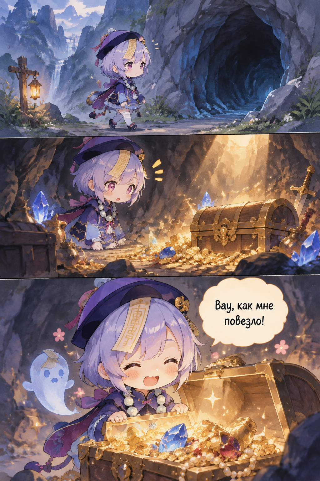 Chibi anime art style, cute proportions, genshin impact, expresive faces, brigh