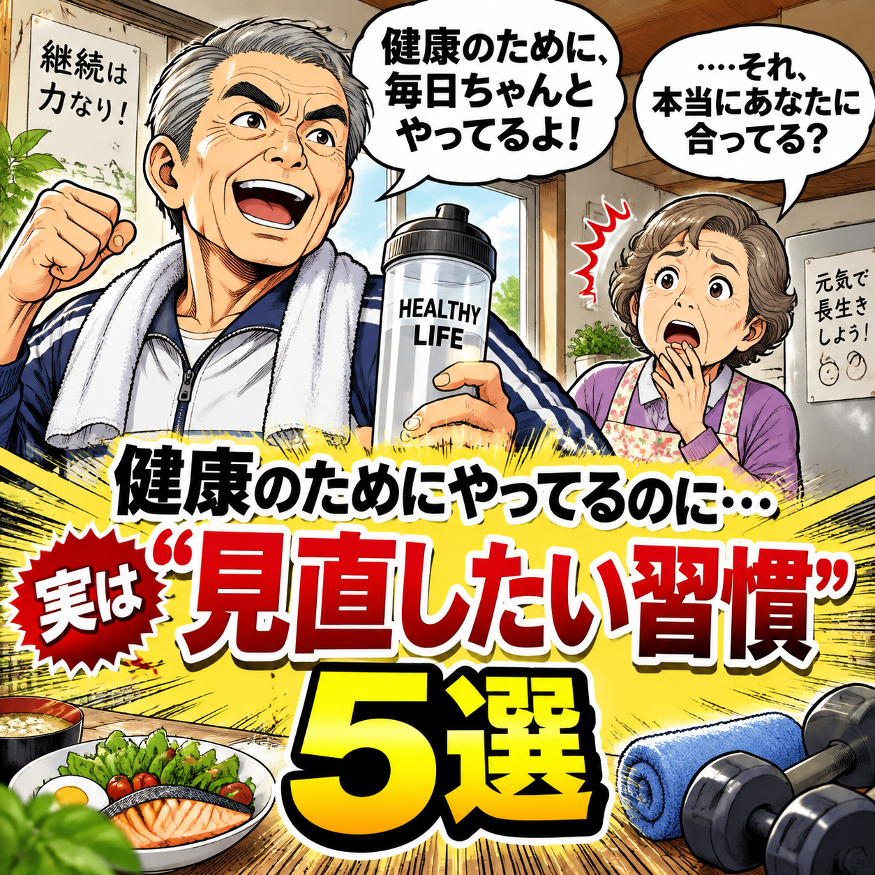 日本のシニア向けSNS健康漫画を作成してください。
【テーマ】
「健康のために毎日やっていること、実は見直したほうがいいかも?」
【狙い】
好奇心ギャップを
