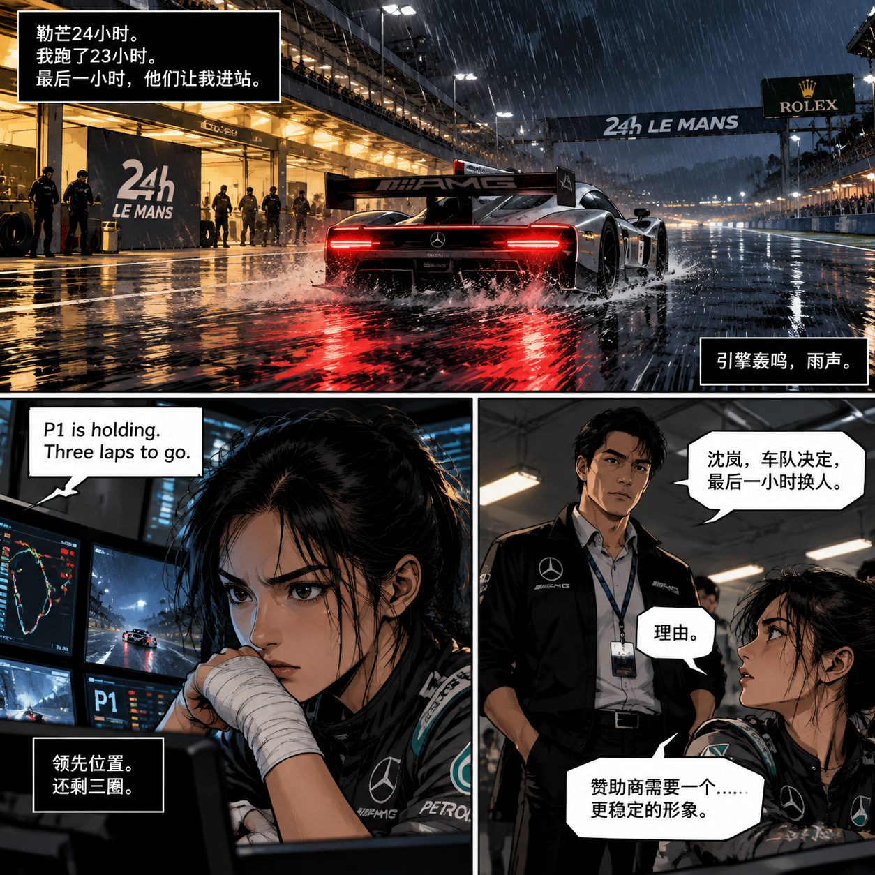 分镜1(大格,横跨整页上部)
画面:勒芒赛道夜景,大雨。银色赛车在直道上疾驰,尾灯拉出红色光轨。画面左侧是维修区暖黄灯光,右侧是黑暗的赛道深处。
旁白(沈岚的声